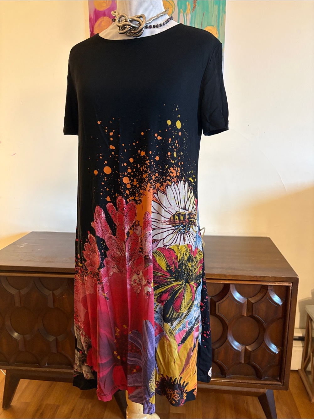 Desigual Mc Luca short sleeve tee shirt dress painted floral medium